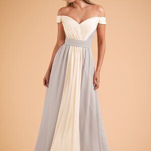 Taupe & Sanstone 2-tone chiffon floor length bridesmaid dress. Off shoulder.